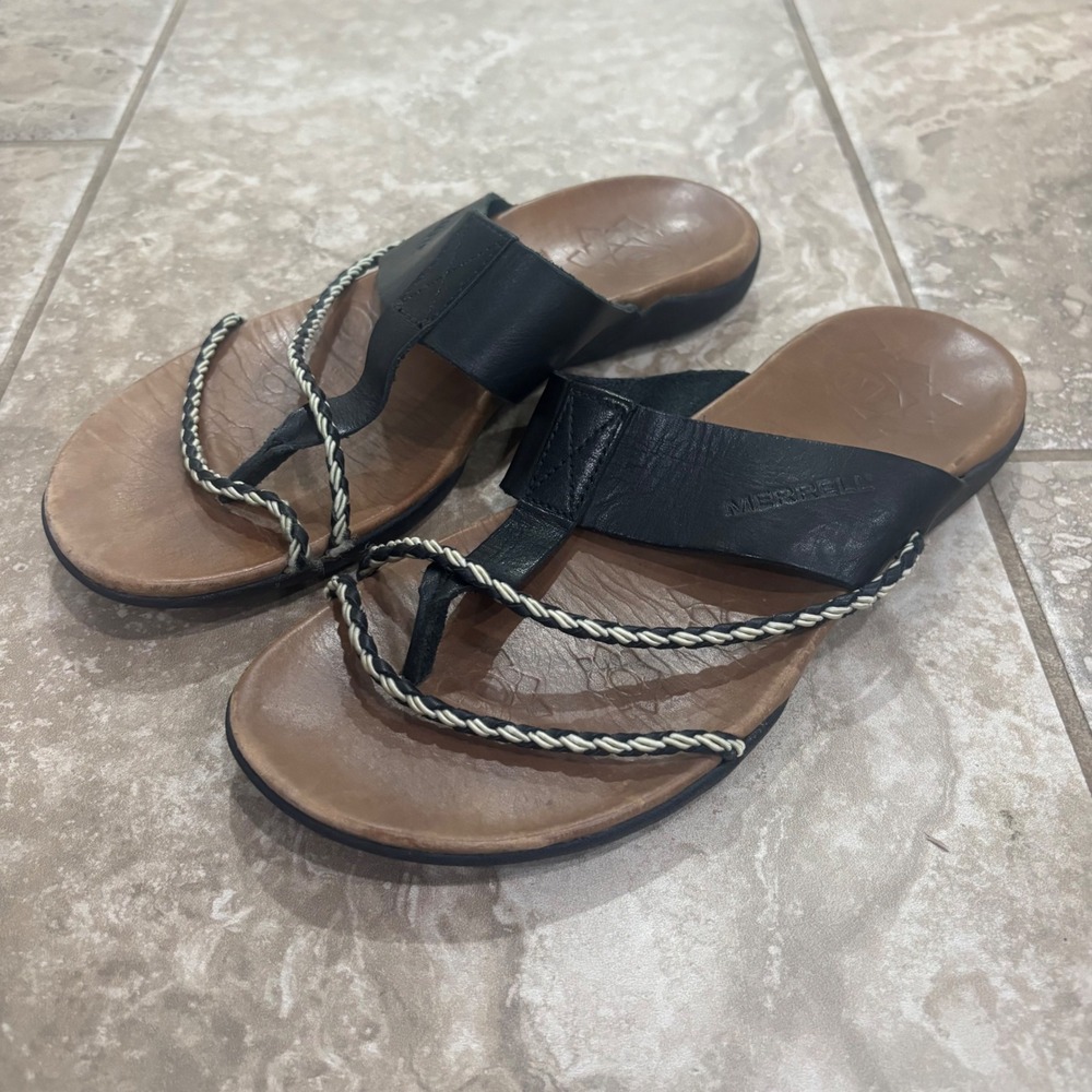 Merrell Amber Black‎ Leather Slide Sandals Braided Toe Loop J89356 Womens 7